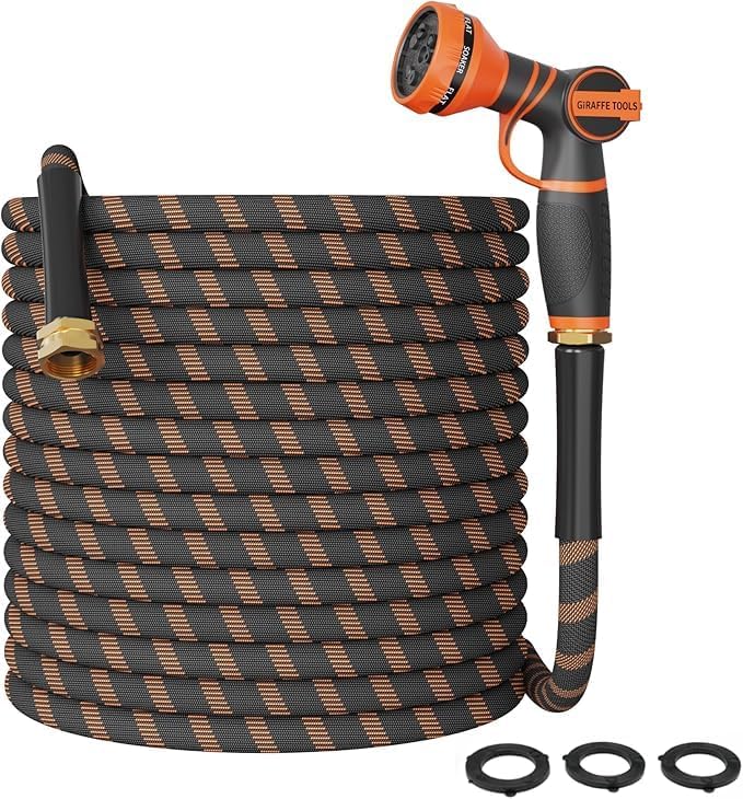 Giraffe Tools Garden Hose 100FT Non-Expandable Lightweight Flexible Water Hoses Burst 600 psi with 9 Spray Function Nozzle Heavy Duty Hose