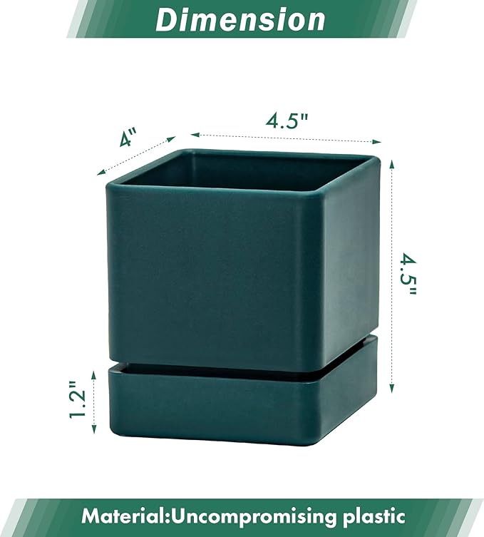 4 Inch Herb Planter Pot, Plastic Planter with Drainage Holes and Saucer, Modern Decorative Gardening Pot for Indoor Plants, Flowers, Herbs, Succulents, Green, Set of 2, 76-Y-C-2