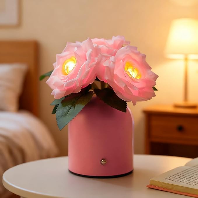Pink Rose Lamp, Christmas Birthday Valentines Day Gifts for Women Wife Mom Girlfriend Daughter, Rechargeable Cordless Touch Table Lamp, Bedroom Bar Coffee Shop Decor Night Light