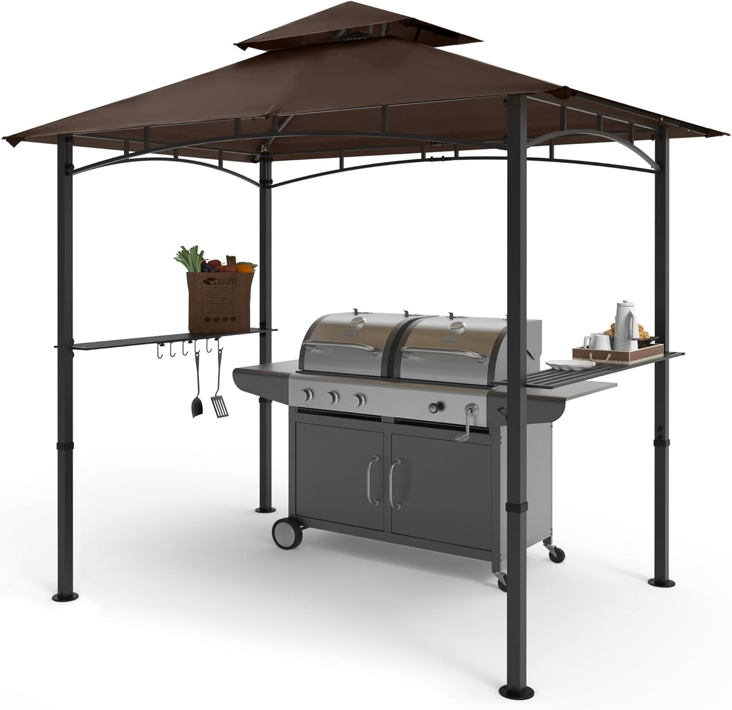 COOSHADE 8'x 5' Grill Gazebo Double Tiered Outdoor BBQ Gazebo Canopy with LED Light (Brown)