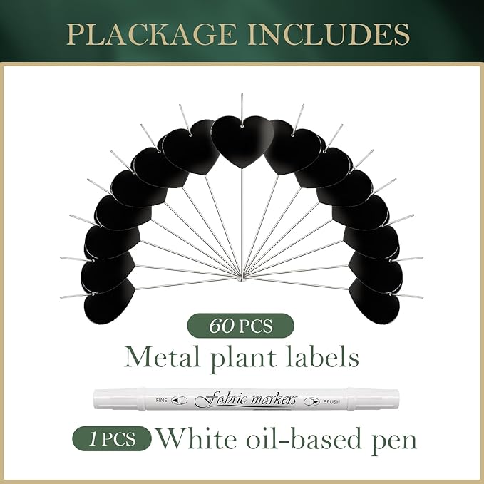 60-Pack Iron Metal Heart Shaped Garden Markers Weatherproof Metal Plant Labels Large Planting Seedling Stake Signs, for Seedlings Herbs Vegetable Greenhouse Gifts with White Marker Pen Labels
