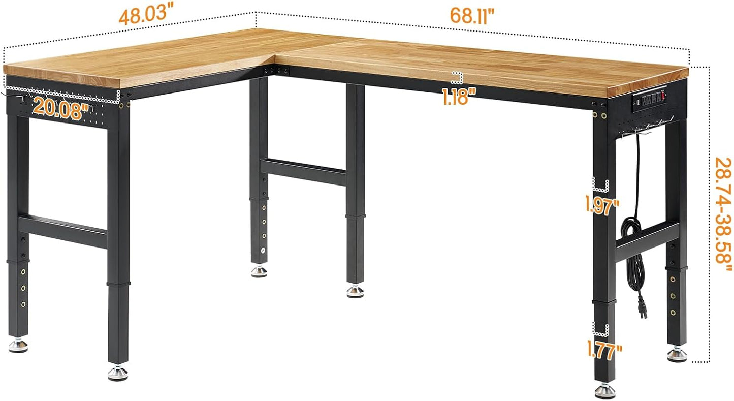 Albott 68"x48" L-Shaped Adjustable Workbench with Storage & Power Strip, Heavy Duty Tool Bench for Woodworking, Garage, Workshop, Home Office, 6000LBS Load, Pegboard & Hooks, ETL Certified