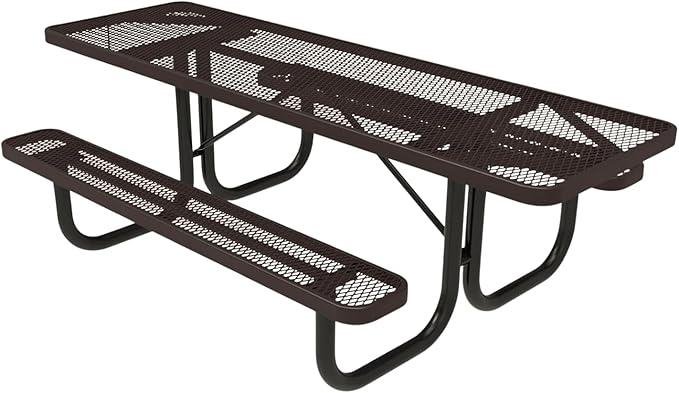 Coated Outdoor Furniture Heavy-Duty Portable ADA-Compliant Outdoor Picnic Table, Expanded Metal Patio Dining Furniture Made in America (8ft Rectangular, Both-Side Handicap, Brown)