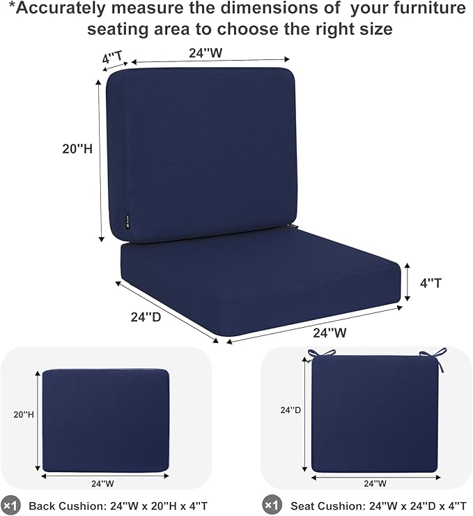 Favoyard Outdoor Deep Seat Cushion Set, 24 x 24 Inch Rainproof & 3-Year Fade Resistant Patio Furniture Cushions, Removable Seat Bottom & Back Cushion Covers with Ties for Chair, Sofa, Couch, Blue