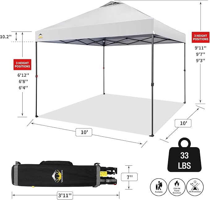CROWN SHADES 10x10 Pop Up Canopy - Patented Center Lock One Push Instant Outdoor Canopy Beach Tent with STO-N-Go Bag 8 Stakes & 4 Sand Bags，White