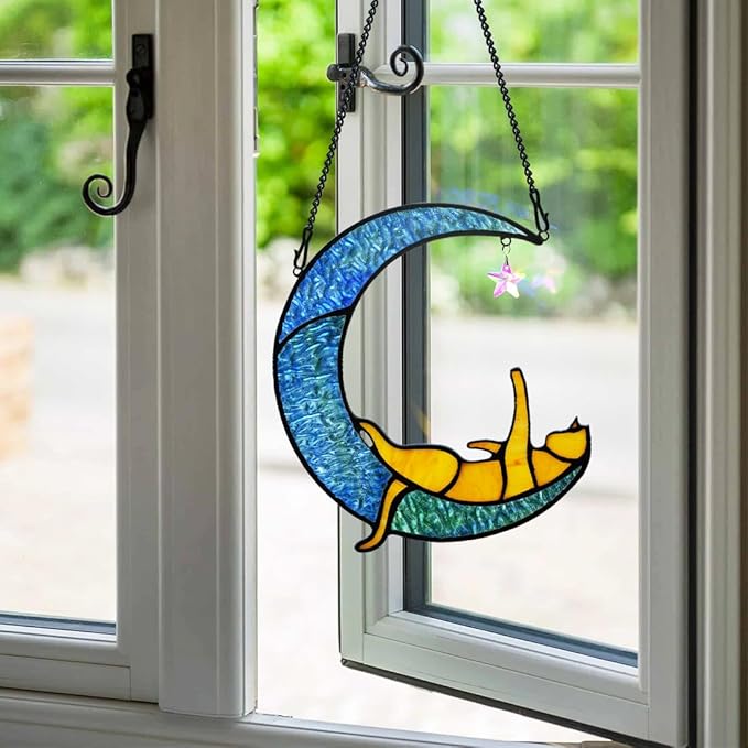 BOXCASA Orange Cat Suncatchers for Windows Hanging,Stained Glass Cat on Moon,Crystal Suncatcher Prism Hanging,Cat Gifts for Women Mom Cat Lovers