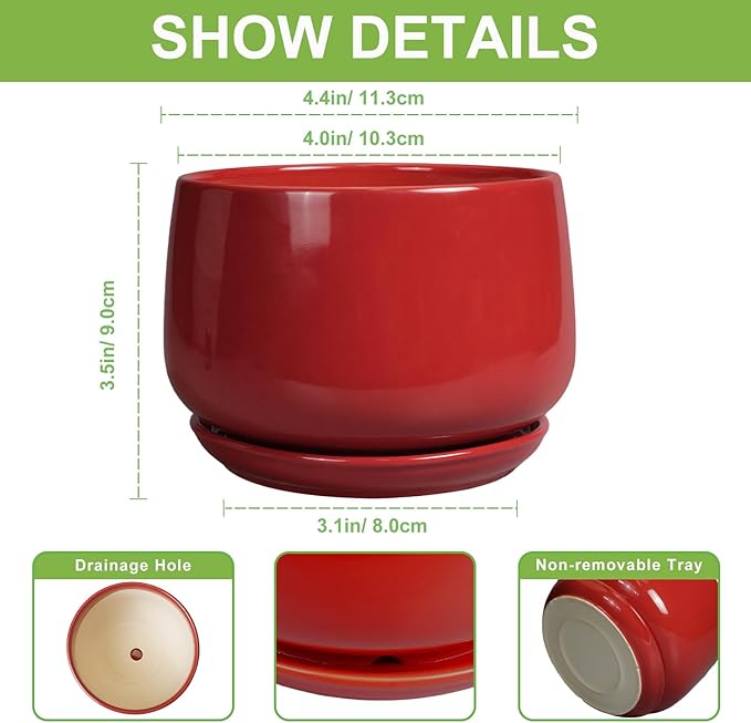 G EPGardening Ceramic Pots for Plants - 4 inch Succulent Pots Indoor Outdoor, Small Planter with Drainage Hole & Tray, Modern Flower Pot, Decorative Round Planter, Living Room Decor, Home Gifts, Red