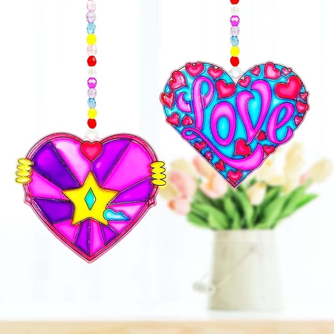 AUEKIV 30 Sets Valentine's Heart Suncatchers Craft DIY Kit Window Paint Art Suncatchers Valentine's Day Heart Sun Catcher Art Crafts Supplies for Valentine Gift Exchange Classroom Activities