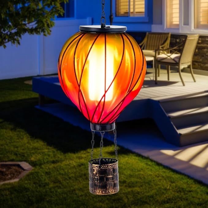 Colorful Solar Hot Air Balloon Lantern with Flame Flickering,Garden Decor Glass Hot Air Balloon Solar Lantern Outdoor Waterproof Hanging Light for Patio,Porch,Yard Mother Day Gifts for Women