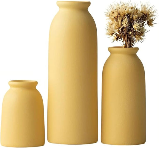 Ceramic Vase Set-3, Small Flower Vases for Decor, Modern Boho Farmhouse Style, Decorative Vases for Pampas Grass & Dried Flowers, Distressed Finish (Yellow)