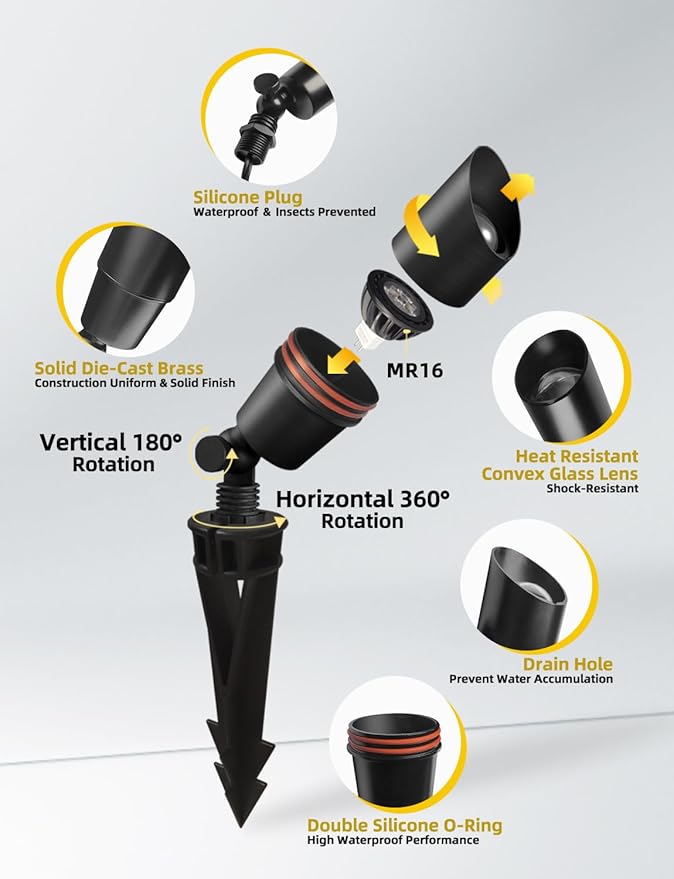 COLOER Brass Low Voltage Landscape Spotlight(Black) 1-Pack with 5W Aluminum Housing MR16 LED Bulb 2700K 450LM CRI85+,12V AC/DC Outdoor Uplighting, Directional Garden Patio Spot Up Light(101B-Black)