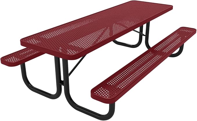 Coated Outdoor Furniture Heavy-Duty Portable Outdoor Picnic Table, Thermoplastic Coated Punched Steel Commercial-Grade Patio Dining Furniture Made in America (8ft Rectangular, Burgundy)