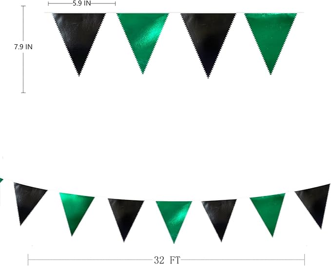 Black Green Party Decorations Metallic Fabric Triangle Pennant Banner Flag Bunting Garland for Video Game Soccer Birthday Graduations Wedding Bachelorette Halloween Outdoor Holiday Party Supplies