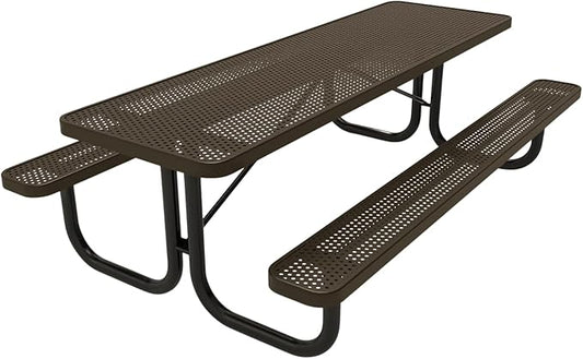 Coated Outdoor Furniture Heavy-Duty Portable Outdoor Picnic Table, Thermoplastic Coated Punched Steel Commercial-Grade Patio Dining Furniture Made in America (8ft Rectangular, Textured Brown)