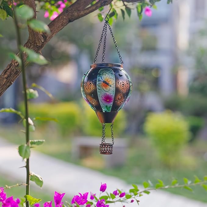 DREAMSOUL Butterfly Hot Air Balloon Solar Lantern, Glass & Metal Outdoor Lantern Hanging Solar Lanterns Outdoor Waterproof for Garden Patio Party