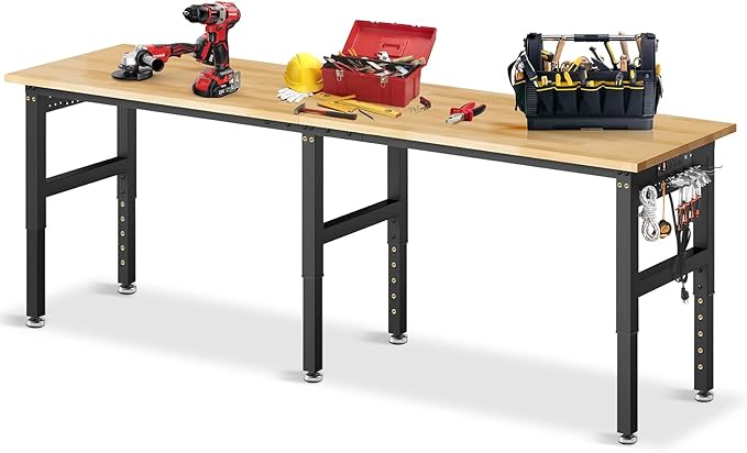 96”Adjustable Work Bench, 5000 LBS Capacity Heavy Duty Workbench with Power Outlet & Pegboard, Rubber Wood Work Table for Garage, Workshop, Office, Home