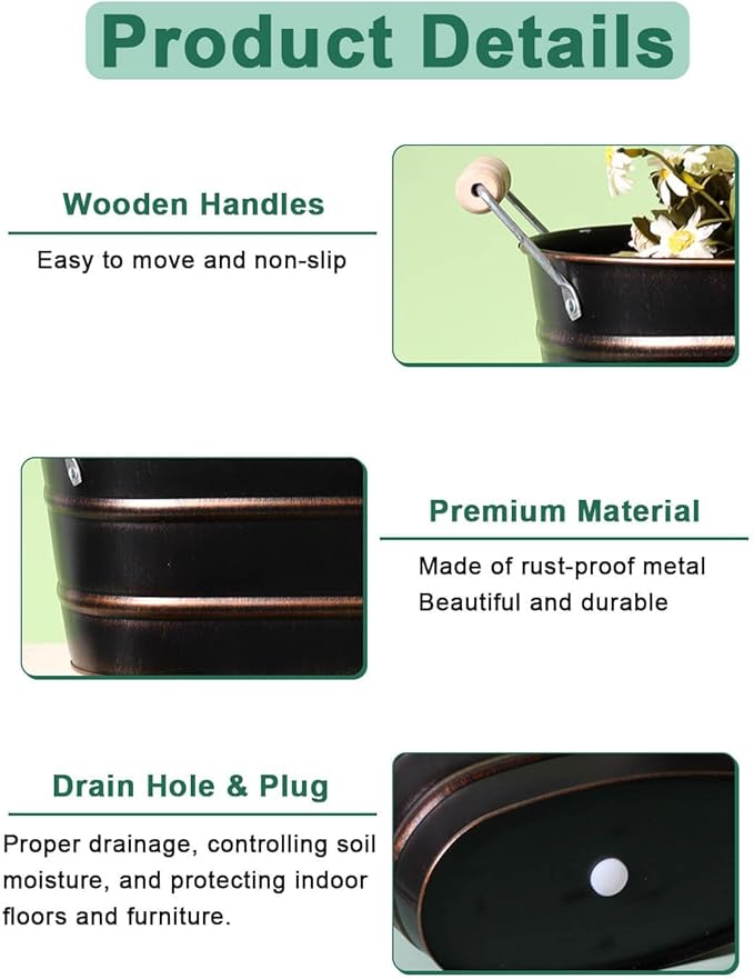 Galvanized Oval Planter Tubs for Outdoor Plants - Farmhouse Small Metal Tin Buckets with Drain Hole & Rubber Plug Medium Plant Containers with Handles Vintage Style for Decor, Set of 3 (Black)