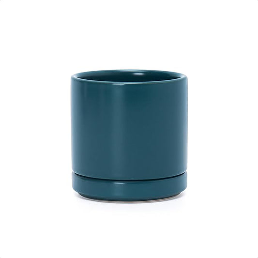 D'vine Dev 3.5 Inch Ceramic Planter Pot with Drainage Hole and Saucer, Indoor Cylinder Round Planter Pot, Teal, 94-O-A-9