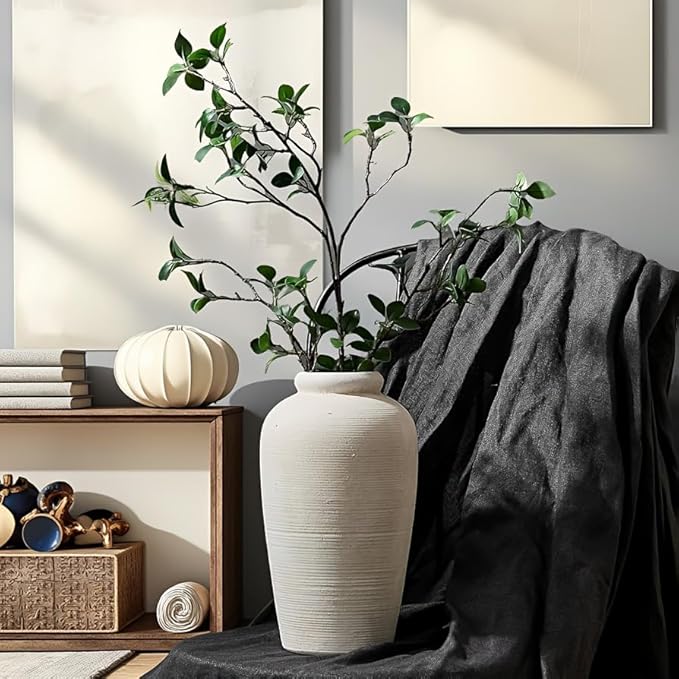 Decorative Ceramic Rustic vase,Tall vase for Minimalist Decoration,11" Large Vintage Vase for Home Decor,Centerpiece,Living Room,Enterway,White