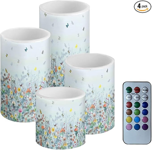 Flameless LED Candles Electric Pillar Candles with Remote Timer Color Changing Control Long Lasting Pack of 4 for Table Centerpiece Home Indoor Decoration, Flower Butterfly Blue
