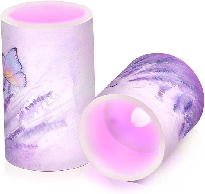 Flickering Flameless Candles, Lavender Butterfly Purple LED Candles with Remote Timer, Set of 2 Battery Operated Candle for Valentine Wedding Birthday