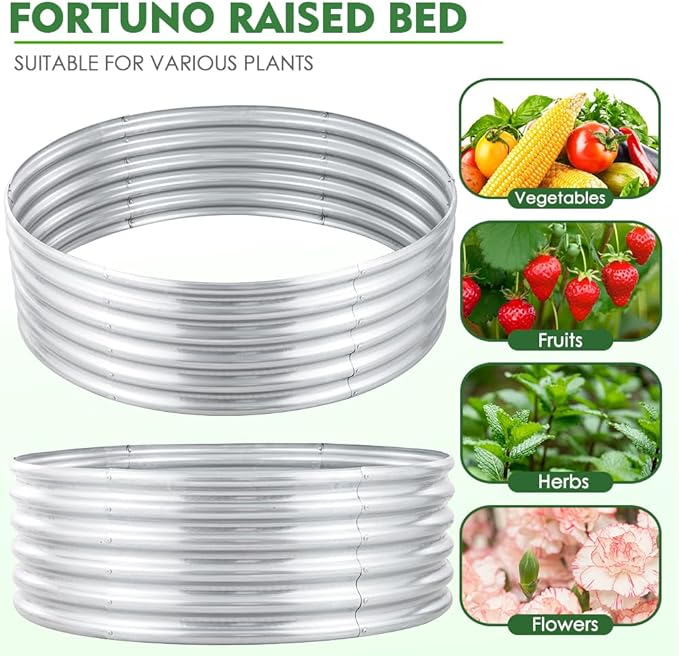 FORTUNO 2 Pack 4 Ft Round Galvanized Raised Garden Bed Kit Box 48 Inches Metal Outdoor Flower Bed Steel Patio Ground Planter for Planting Vegetables and Herb, Silver