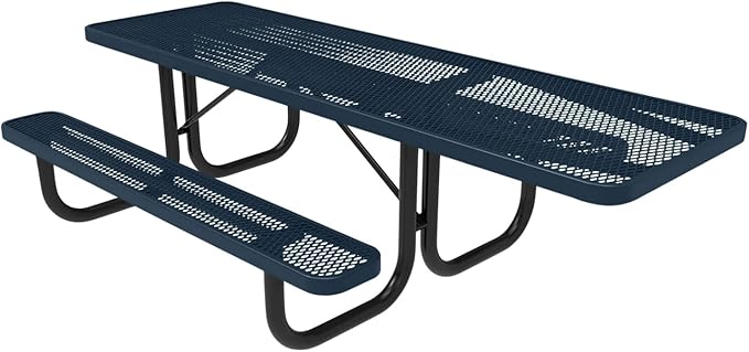 Coated Outdoor Furniture Heavy-Duty Portable ADA-Compliant Outdoor Picnic Table, Expanded Metal Patio Dining Furniture Made in America (8ft Rectangular, One-Side Handicap, Dark Blue)