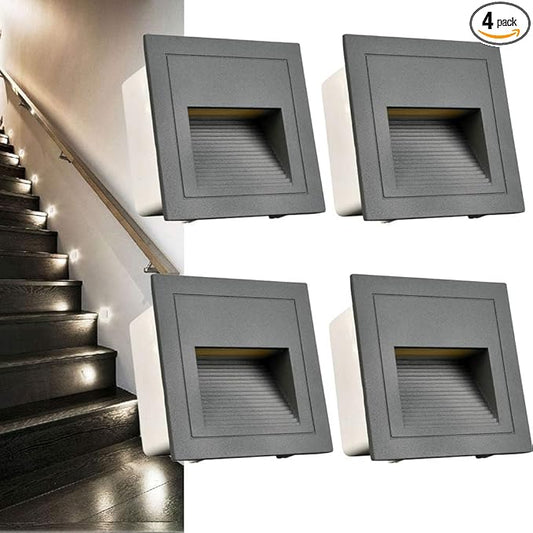 4Pack 3W LED Recessed Light120V Step Lights Warm White 3000K IP65 Waterproof Recessed Wall Light Staircase Light lamp, Inside Outside Garden Balcony Corridor, Aluminum,Grey