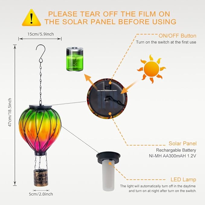 Colorful Solar Hot Air Balloon Lantern with Flame Flickering,Garden Decor Glass Hot Air Balloon Solar Lantern Outdoor Waterproof Hanging Light for Patio,Porch,Yard Mother Day Gifts for Women