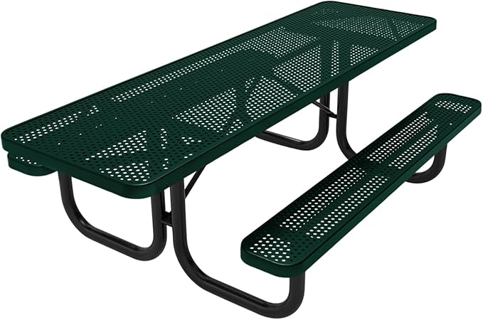 Coated Outdoor Furniture Heavy-Duty Portable ADA-Compliant Outdoor Picnic Table, Punched Steel Patio Dining Furniture Made in America (8ft Rectangular, Both-Side Handicap, Textured Dark Green)