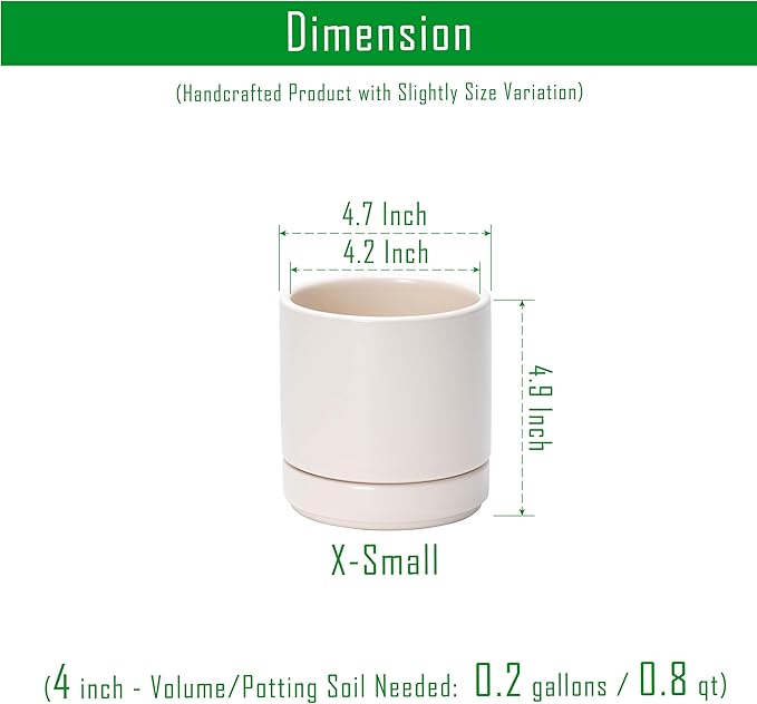 D'vine Dev 4.7 Inch Ceramic Planter Pot with Drainage Hole and Saucer, Indoor Cylinder Round Planter Pot, Oatmeal, 94-O-B-8
