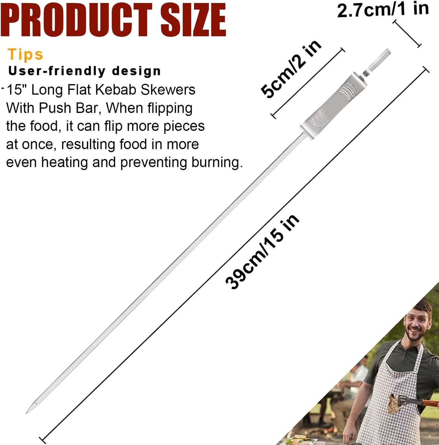 BBQ Skewers, Premium 304 Stainless Steel BBQ Skewers,15 Inch Heavy Duty Metal Kabob Sticks for Grilling, Reusable & Dishwasher Safe (Single fork10)