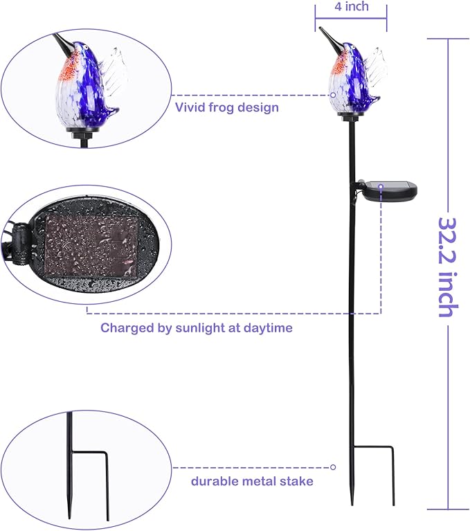 Afirst Decorative Solar Lights Outdoor Solar Hummingbird Stake Lights Hand Blown Glass Decorative Garden Pathway Light Outdoor Waterproof Glass Stakes Blue