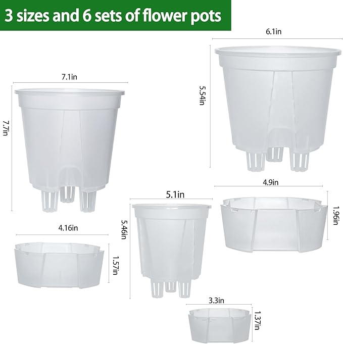 Cdd's Path 6-Pack Self Watering Pots Set with Holes for Indoor/Outdoor Plants,2 Each of 5, 6 and 7 Inch Planter Pot with Watering Hole/Reservior and Air Pipes,Clear