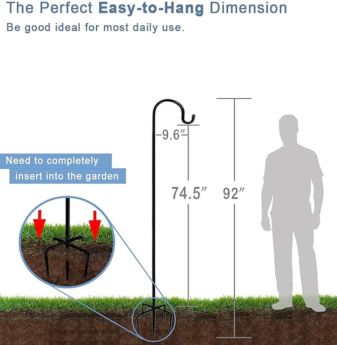 92 Inch Outdoor Shepherd Hooks with 5 Pronger Base (2 Packs), Adjustable Heavy Duty Garden Hanging Stand Holder for Bird Feeders Lanterns Planter Hanger, Matte Black