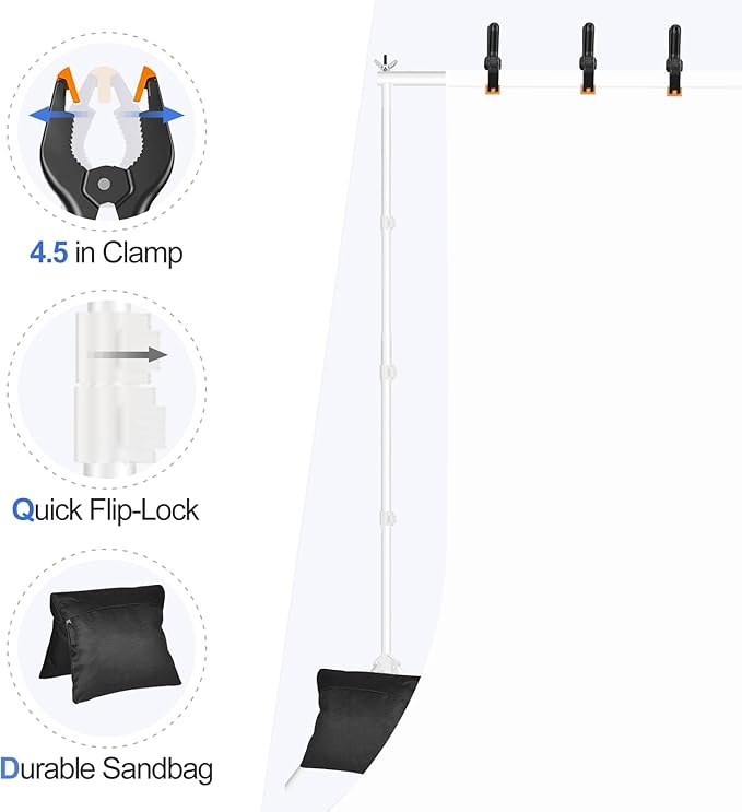 EMART Backdrop Stand 10x10ft(WxH) Photo Studio Adjustable Background Stand Support kit with 2 Crossbars, 8 Clamps, 2 Sandbags and Carry Bag for Parties, Events Decoration, Wedding, Photography -White