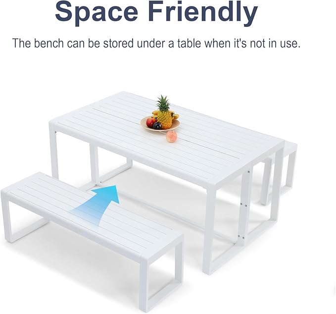 Aoodor 3-Piece Outdoor Patio Dining Set, Aluminum Furniture Set with 1 Rectangular Picnic Table and 2 Benches for Garden, Lawn, Yard