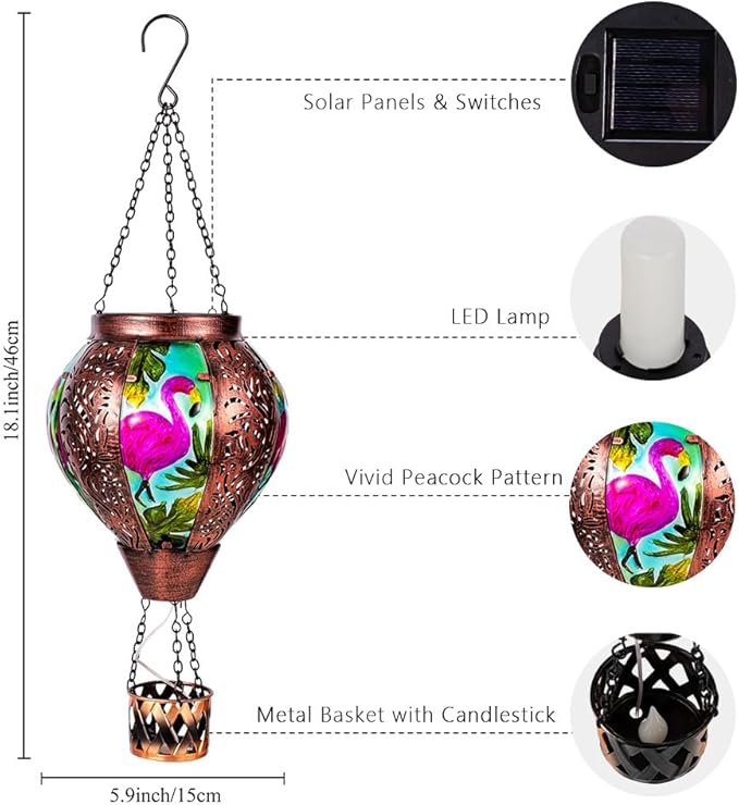 Flamingo Hot Air Balloon Solar Lanterns Outdoor Waterproof,Metal Garden Decor Solar Hot Air Balloon Lantern with Flame Flickering Lights for Patio,Porch,Yard Decor Mother Day Gifts for Women