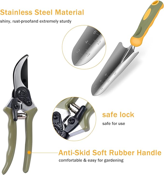 Garden Tool Set, WisaKey 9 Piece Stainless Steel Heavy Duty Gardening Tools with Handle, Durable Garden Tool Bag, Ideal Gardening Hand Tools, Gardening Gifts for Women and Men White Elephant Gifts