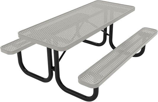 Coated Outdoor Furniture Heavy-Duty Portable Outdoor Picnic Table, Thermoplastic Coated Punched Steel Commercial-Grade Patio Dining Furniture Made in America (6ft Rectangular, Textured Grey)