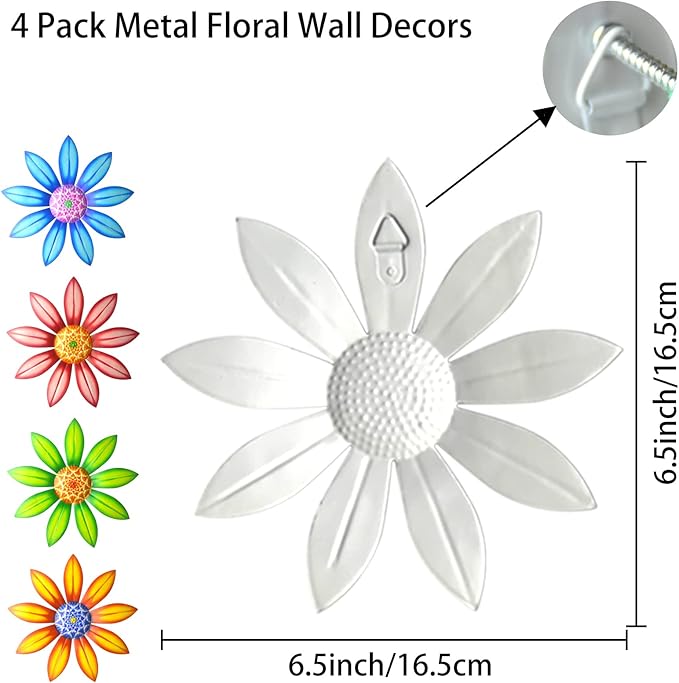 Gooyule Metal Flower Decor, 4 Pack Metal Flowers Wall Decor Colorful Flower Wall Art 6.5" Metal Floral Wall Decor Indoor Outdoor Hanging Wall Decor Metal Wall Decor Set for Home Office Garden Yard
