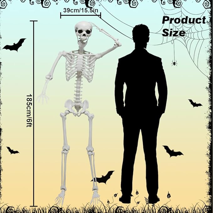 DINESIL 6Ft/185cm Halloween Skeleton, Life Size Skeleton Halloween Realistic Full Body Bones with Movable Joints for Halloween Party Haunted House Indoor Outdoor Decoration