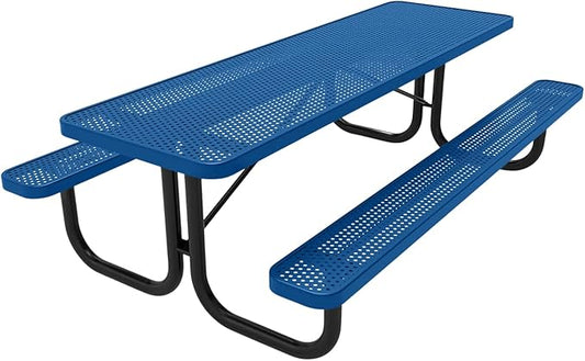 Coated Outdoor Furniture Heavy-Duty Portable Outdoor Picnic Table, Thermoplastic Coated Punched Steel Commercial-Grade Patio Dining Furniture Made in America (8ft Rectangular, Textured Light Blue)