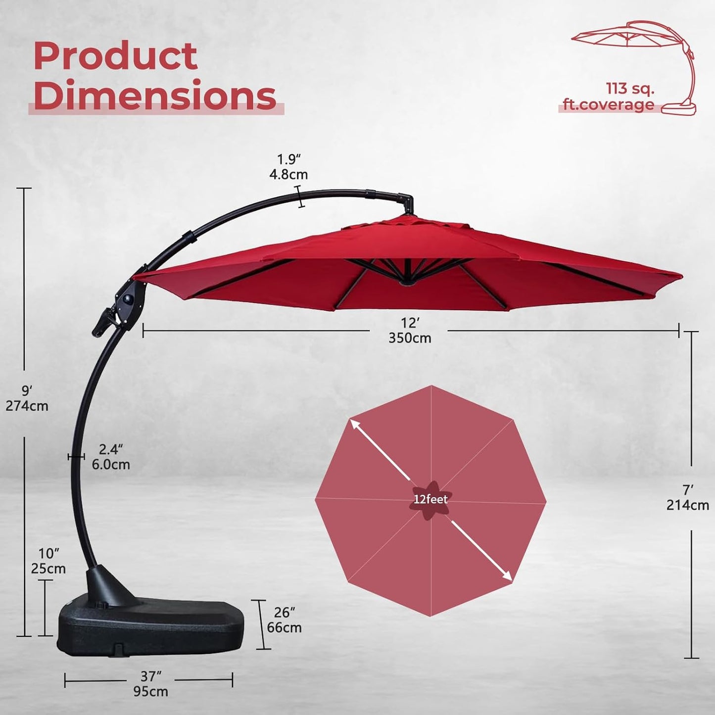 Grand patio 12FT Outdoor Cantilever Umbrella Large Round Aluminum Offset Umbrella with Base for Garden Deck Patio (Red, 12 FT)