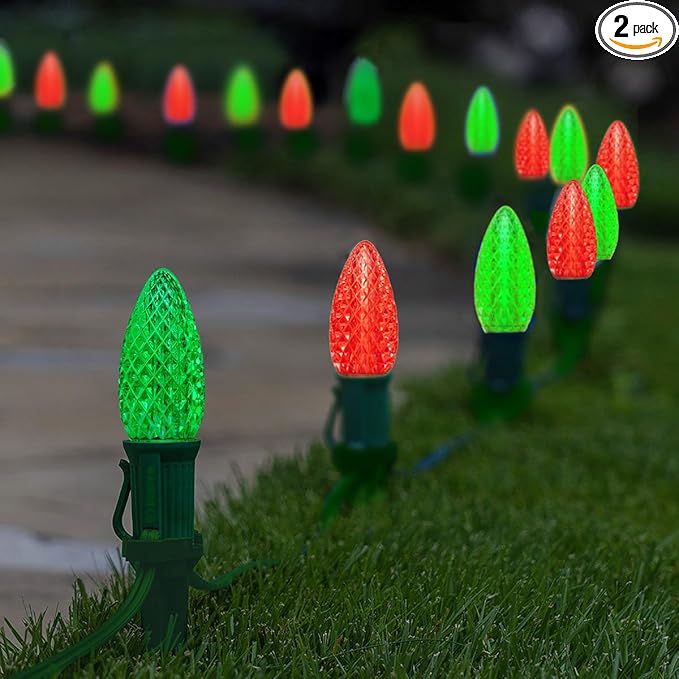 C9 Christmas Pathway Lights with Stakes,Red Green,2 Pack Total 60 Ft 40 Strawberry LED Bulbs,Connectable Shatterproof Outdoor Lights Marker for Xmas Yard Garden Path Lawn Walkway Sidewalk