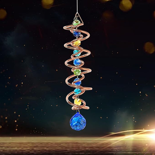 FONMY Gazing Ball Spiral Tail -Decorative Wind Spinner Sun Catcher Rainbow Maker Copper Double-Spiral W/Sea Blue Crystal Ball and Chain Crystals Beads for Indoor Outdoor Garden Decoration -14 inch H