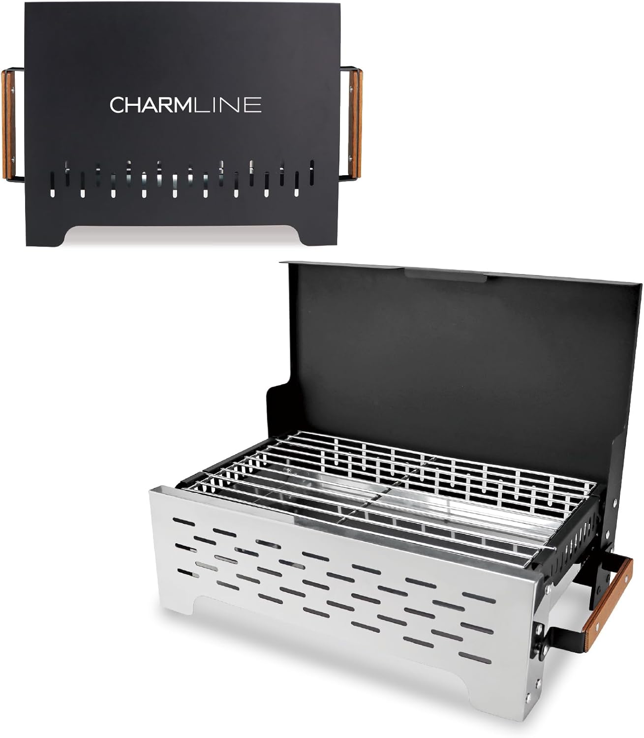 Charmline 19x13in Foldable Portable Grill Charcoal, Compact Grills for Outdoor Use, Desktop Charcoal Grill for Indoor Use, BBQ Grill for Camping, Picnics, Gardens and Beach Parties, Black