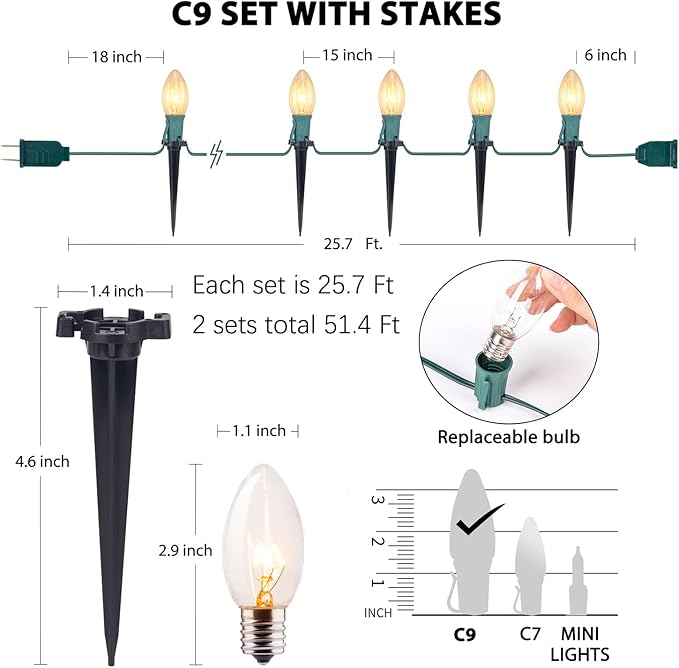 C9 Christmas Lights Outdoor, 2 Packs Total 51.4 Ft 40 Bulbs Christmas Pathway Lights, Waterproof Walkway Lights for Outside Driveway Sidewalk Outdoor Christmas Decorations Yard, Clear