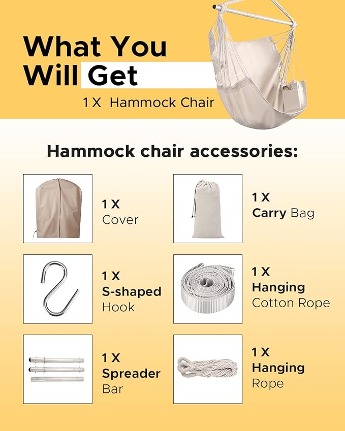 ADVOKAIR Hammock Chair Swing & Cover Set (500 lbs Max) – Hanging Rope Swing for Bedroom, Outdoor, Patio, Porch with Sturdy Steel Bar & Anti-Slip Rings + All-Weather Rain Cover for Storage Protection