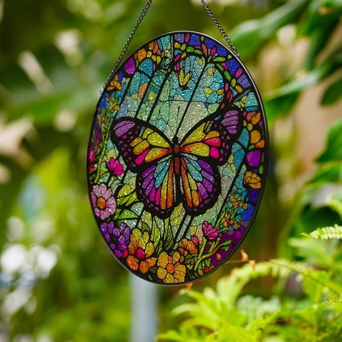 Butterfly Stained Glass Suncatcher Artistic Window Hanging,7.8” Hand-Painted Glass Panel Wall Home Decor,Gift for Women Garden Decor Suncatcher, BL009